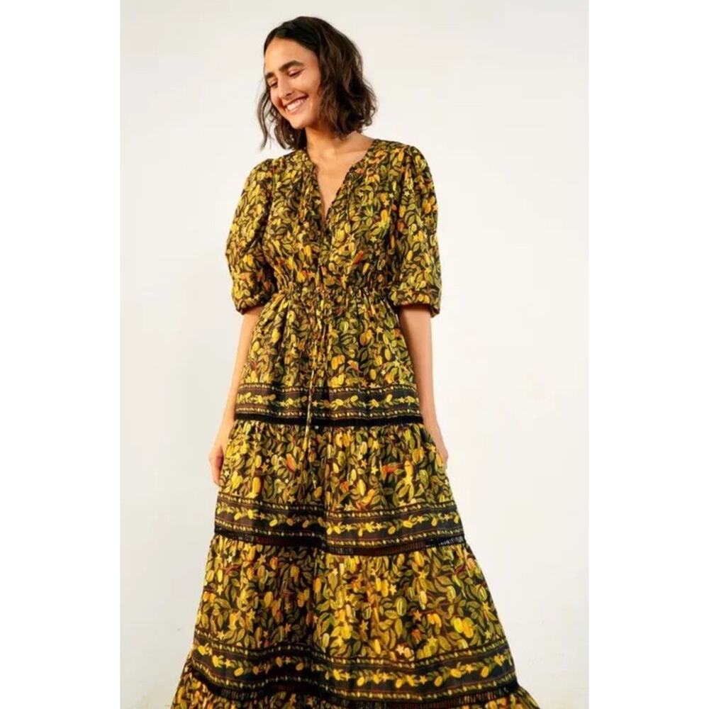 Farm Rio Star Fruits Maxi Dress Yellow Black Cotton Puff Sleeve Size M